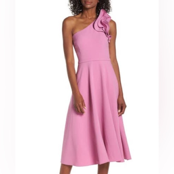 Eliza J. RUFFLE ONE-SHOULDER FIT & FLARE DRESS IN ORCHID ISLE, size 12 - Picture 1 of 6